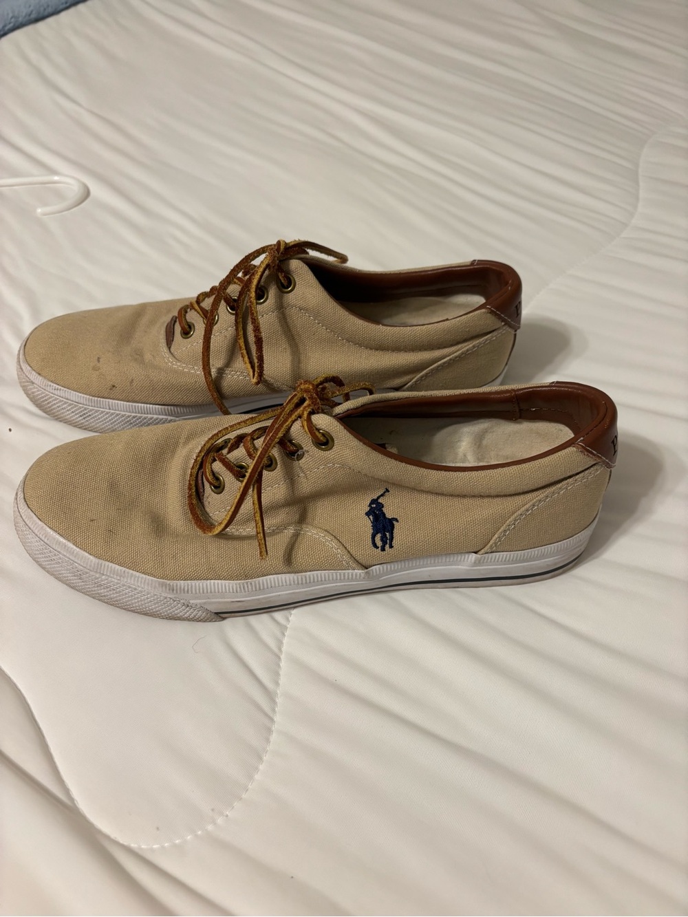 Polo Ralph Lauren Vaughn Canvas Sneakers Tan Brown Leather Size 9D